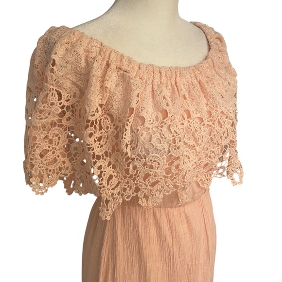 Dress Day Peasant Gauzy Maxi Dress Size S Pink Crochet Neck Boho Hippie 70s Airy - Picture 3 of 8